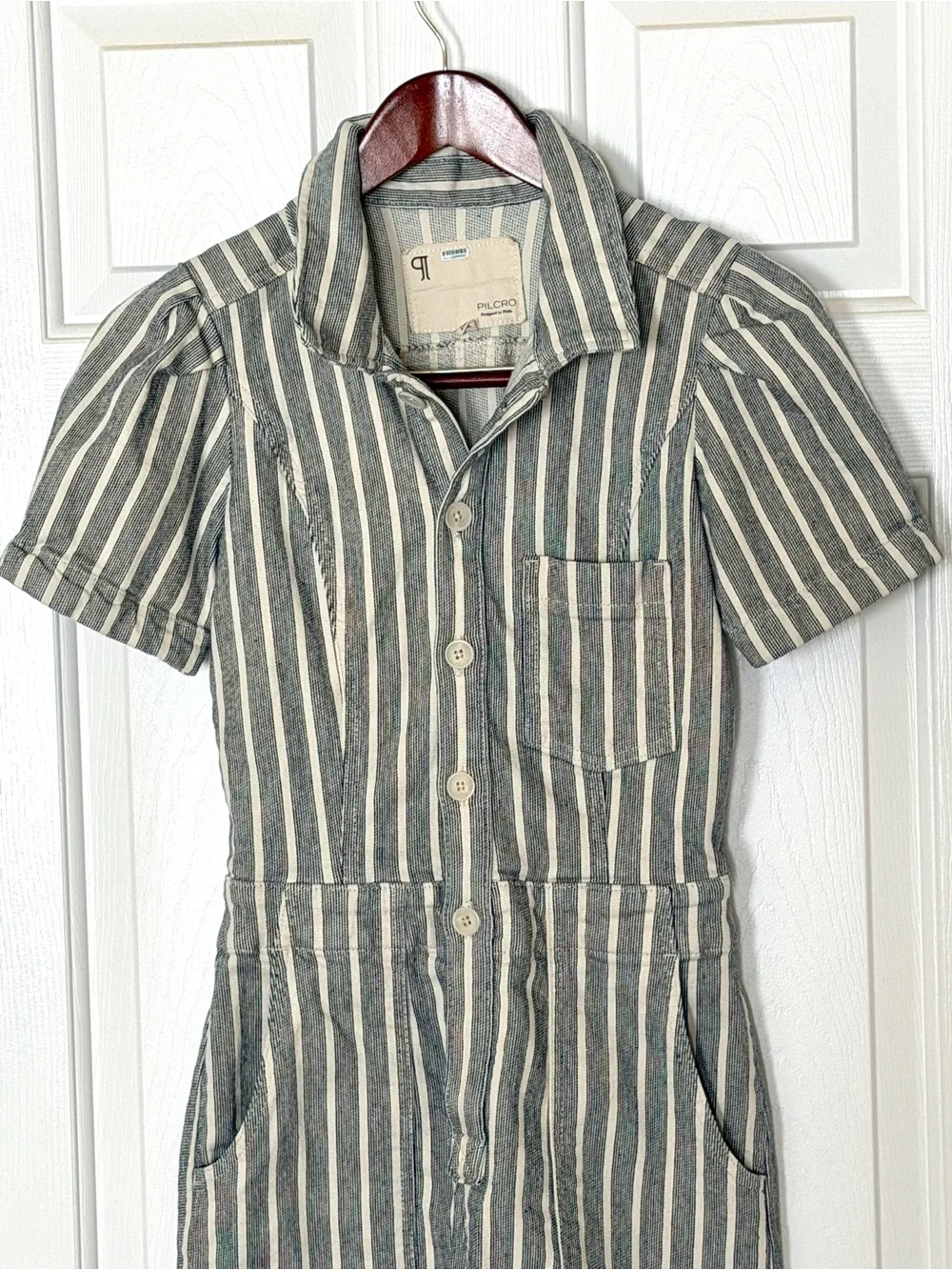 Pilcro Anthropologie Stripe Puff Sleeve Utility Romper Coastal Cottagecore 2